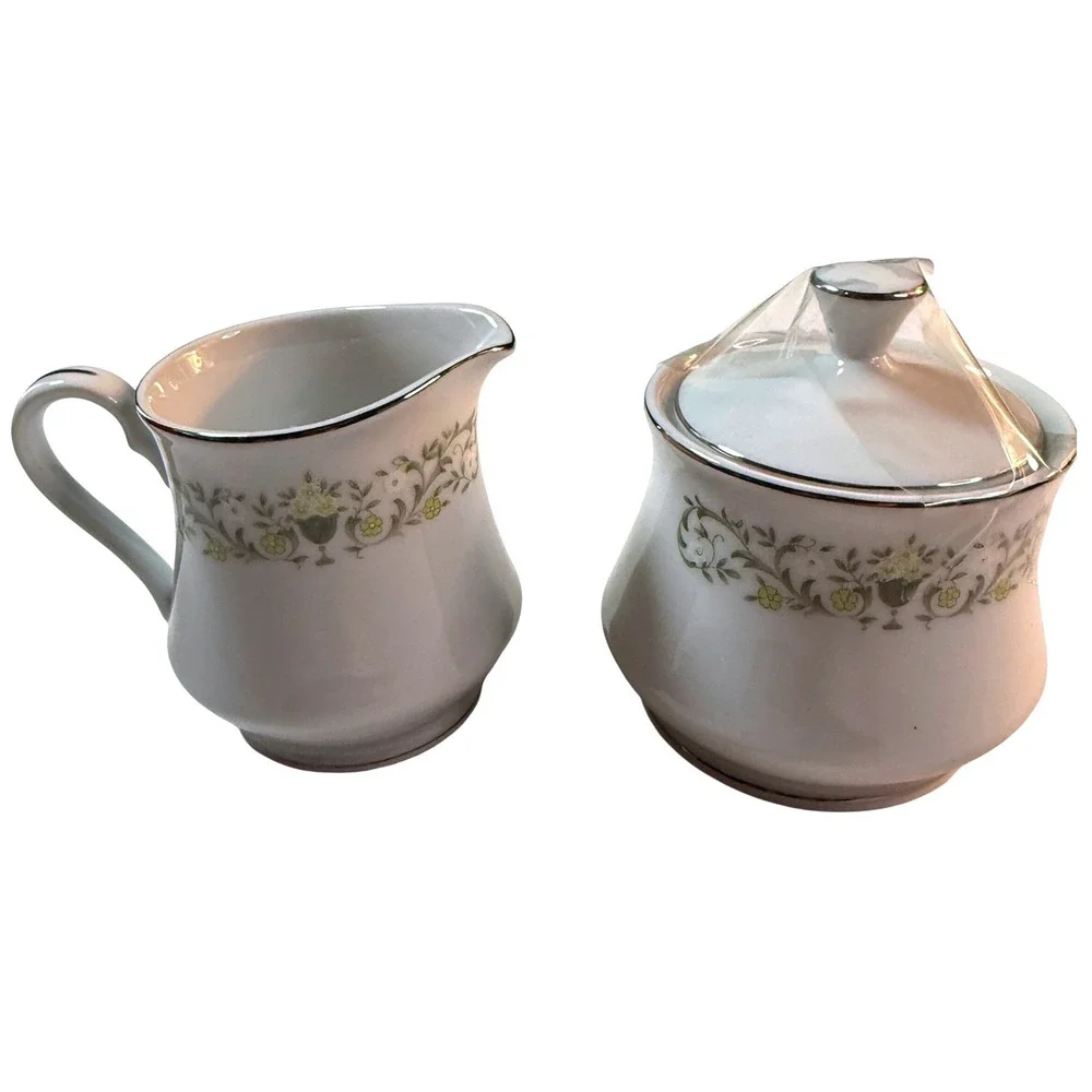 Vintage Sterling Fine China Florentine Creamer Sugar Bowl Set Floral Japan MCM